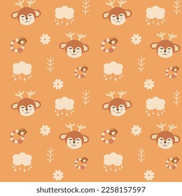 Cute seamless pattern with deer head, children's toy, clouds. Vector print in boho style for a child.