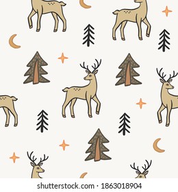 Cute seamless pattern with deers in forest in cartoon style. Vector modern illustration
