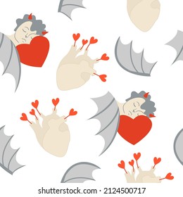 Cute seamless pattern with demon cupids and anatomical hearts. Renaissance angel with bat's wings and horns. Vector background.