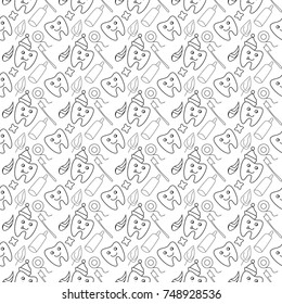Cute seamless pattern for dental clinic. Black white tooth in a Santa Claus hat.