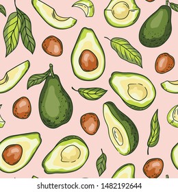 Cute seamless pattern design with avocado. While vegetable, half and slices. Vector hand drawn repeated background for fabric or wallpaper.