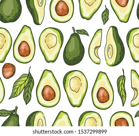 Cute seamless pattern design with avocado. While vegetable, half and slices. Vector hand drawn repeated background for fabric or wallpaper.