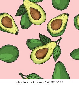 Cute seamless pattern design with avocado. Pattern avocado whole and half avocado. Vector hand drawn repeated background for fabric or wallpaper. Can used for packaging design.