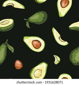 Cute seamless pattern design with avocado on black background. While vegetable, half and slices. Vector hand drawn repeated background for fabric or wallpaper.