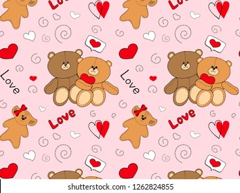 Cute seamless pattern design decorated with cloud, star,heart shape and sleeping bear for baby bedroom wallpaper.