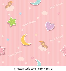 Cute seamless pattern design decorated with cloud, star,moon,heart shape and sleeping bear for baby bedroom wallpaper.