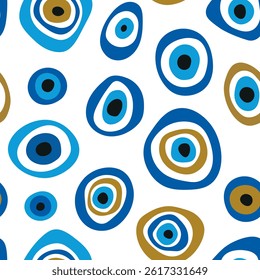 Cute seamless pattern design with evil eye, Nazar. Hand drawn talismans in blue and ocher tones. Modern boho design. Vector illustration.