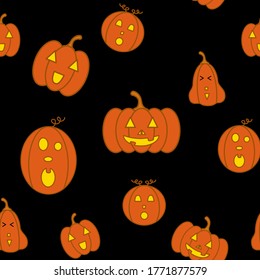 Cute seamless pattern design of Jack-O-Lantern isolated on black background. Suitable for wrapping paper, wallpaper, fabric, backdrop and etc.