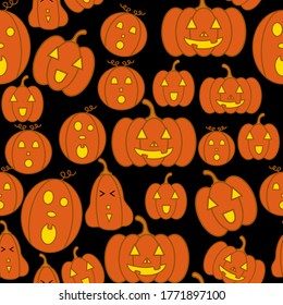 Cute seamless pattern design of Jack-O-Lantern isolated on black background. Suitable for wrapping paper, wallpaper, fabric, backdrop and etc.