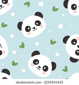 Cute seamless pattern design for kids boy and girl fabrics with pastel blue panda bear face, stars and hearts.