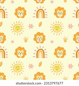 diseño de patrones sin costura de cabeza de león, sol y arco iris, dibujos animados infantiles ilustración vectorial