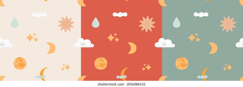 Cute seamless pattern design set. Surface design, textile, wrapping paper, background, decoration illustration bundle. Celestial, full moon, star, new moon. Simple childish scandinaviak boho style kit