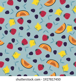 Cute seamless pattern with design of summer fruits such as melon, blueberry, lemon, strawberry. Vector illustration on a turquoise background. 