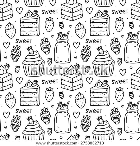 Cute seamless pattern with desserts - cake slices, cupcakes, strawberry, milkshake and pastry. Vector hand-drawn doodle illustration. Perfect for print, wrapping paper, wallpaper, menu, bakery design.