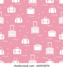 Cute seamless pattern with different bag and suitcases for travel. Summer time, vacation. Design for banner, poster or print.