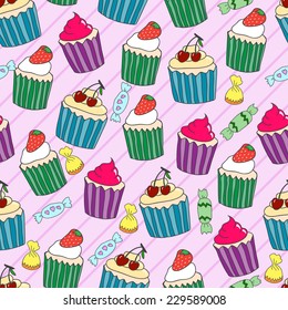Cute seamless pattern with different cakes on pink background