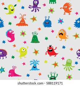 Cute seamless pattern with a different cheerful monsters and stars.