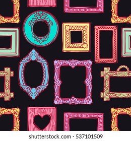 cute seamless pattern of a different colorful pictures frames on black background. hand-drawn illustration