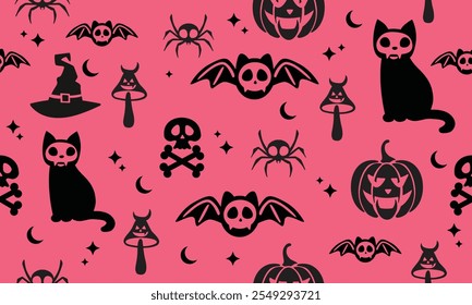 Cute seamless pattern with different colourful skulls on Pink background. Halloween seamless pattern with skulls. Spooky and cute pattern for wallpaper or textile printing.