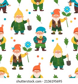 Cute seamless pattern with different gnomes. Endless repeatable backdrop with fairy tale characters. Flat vector illustration.