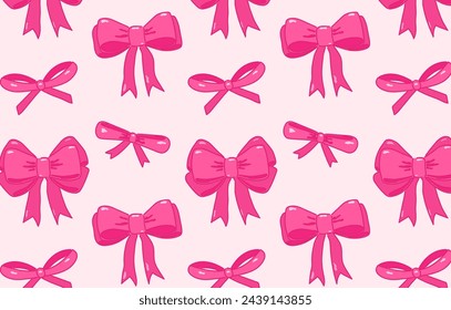 Cute seamless pattern with different hand drawn pink ribbon bows on a pastel color background