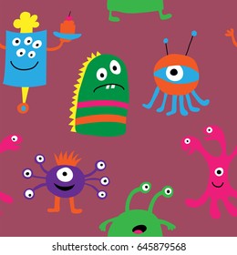 Cute seamless pattern with a different monsters on a pink background