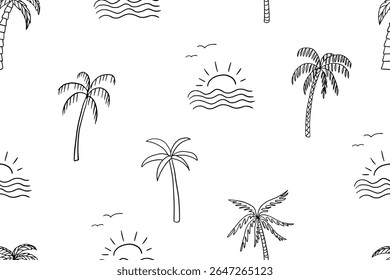 Cute seamless pattern of different palm trees and suns in doodle style. Summer time. Travel design. Adventure. Paradise. Hand drawn. Great for prints, poster, banner and professional design