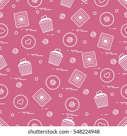 Cute seamless pattern with different romantic sweets. Love concept. Design for banner, flyer, poster or print. 