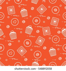 Cute seamless pattern with different romantic sweets. Love concept. Design for banner, flyer, poster or print. 