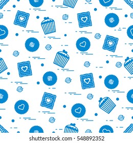 Cute seamless pattern with different romantic sweets. Love concept. Design for banner, flyer, poster or print. 
