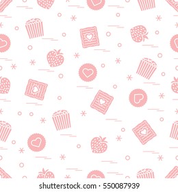Cute seamless pattern with different romantic sweets. Love concept. Design for banner, flyer, poster or print. 