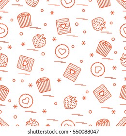 Cute seamless pattern with different romantic sweets. Love concept. Design for banner, flyer, poster or print. 