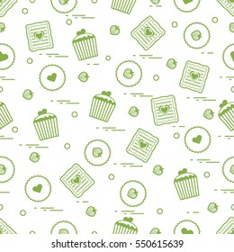 Cute seamless pattern with different romantic sweets. Love concept. Design for banner, flyer, poster or print. 
