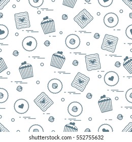 Cute seamless pattern with different romantic sweets. Love concept. Design for banner, flyer, poster or print. 