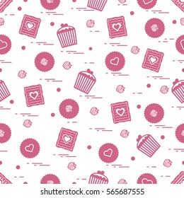 Cute seamless pattern with different romantic sweets. Love concept. Design for banner, flyer, poster or print. 