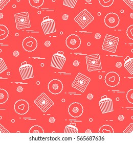Cute seamless pattern with different romantic sweets. Love concept. Design for banner, flyer, poster or print. 