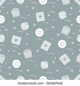 Cute seamless pattern with different romantic sweets. Love concept. Design for banner, flyer, poster or print. 