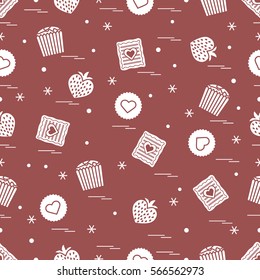 Cute seamless pattern with different romantic sweets. Love concept. Design for banner, flyer, poster or print. 