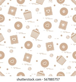 Cute seamless pattern with different romantic sweets. Love concept. Design for banner, flyer, poster or print. 