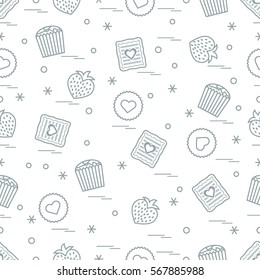 Cute seamless pattern with different romantic sweets. Love concept. Design for banner, flyer, poster or print. 