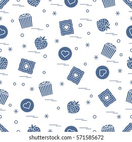 Cute seamless pattern with different romantic sweets. Love concept. Design for banner, flyer, poster or print. 