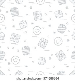 Cute seamless pattern with different romantic sweets. Love concept. Design for banner, flyer, poster or print. 