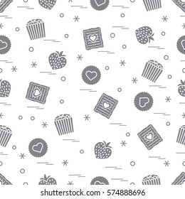 Cute seamless pattern with different romantic sweets. Love concept. Design for banner, flyer, poster or print. 