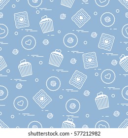 Cute seamless pattern with different romantic sweets. Love concept. Design for banner, flyer, poster or print. 