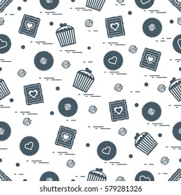 Cute seamless pattern with different romantic sweets. Love concept. Design for banner, flyer, poster or print. 