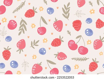 Cute seamless Pattern of different sweet Berries. Vector background of Strawberries, Blueberries, Cherries, Raspberries. Harvest concept