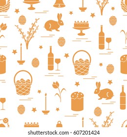 Cute seamless pattern with different symbols for Easter. Design for banner, poster or print.