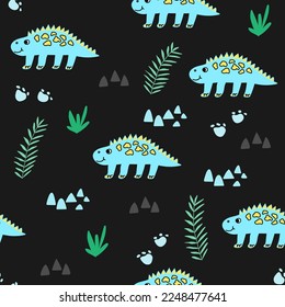 Cute seamless pattern with dinosaur and abstract design elements.prehistoric illustration for kids fashion,textile,cloth,dino character and tropical leaves in doodle style on black background