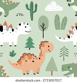 Lindo patrón sin fisuras con dinosaurios, cactus y árboles sobre fondo verde claro para niños y Fondo de pantalla de vivero. Ilustración vectorial