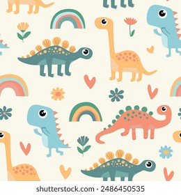 Lindo patrón sin fisuras con dinosaurios. Estampado colorido con lindos dinosaurios para niños.